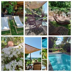 a collage of pictures with chairs and a pool at Douvilla in Douville