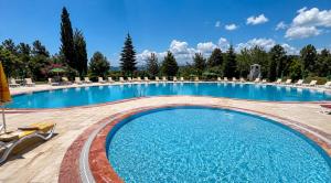 a large swimming pool with lounge chairs and umbrellas at Diamond Koru Hotel in Amasra