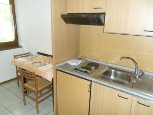 eine kleine Küche mit Spüle und Tisch in der Unterkunft Hotel & Appartamenti Al Larice in Ronzone + 26 Fotos