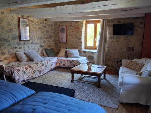 a living room with two couches and a table at Le Soleilho in Figeac