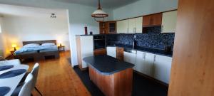 a kitchen with black counter tops in a room at Chalupa Lipiny in Nečín
