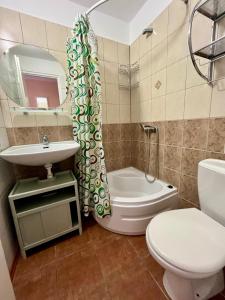 a bathroom with a toilet sink and a shower curtain at Pokoje na Okrężnej in Białogóra