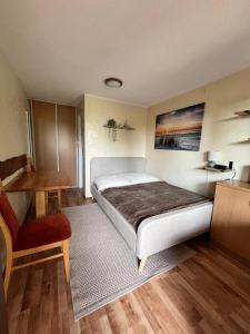 a bedroom with a large bed and a desk at Pokoje na Okrężnej in Białogóra