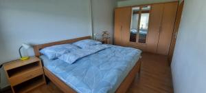 a bedroom with a bed with blue sheets and a cabinet at Chalupa Lipiny in Nečín