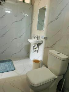 a white bathroom with a toilet and a sink at Pensão Simão & Júlia - 8 Quartos in Órgãos
