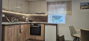 a kitchen with wooden cabinets and a sink and a window at Студио МИНЕРА in Kyustendil