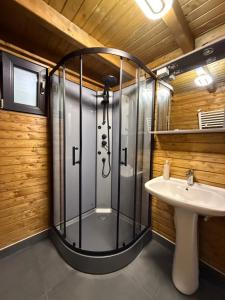 a bathroom with a shower and a sink at A-Frame The Wolf Transfăgărășan in Căpăţîneni-Ungureni +40 photos