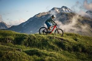 a person riding a bike on a grassy hill at Quality Hosts Arlberg - AFOCH FEI - das Landhaus I SOMMERKARTE PREMIUM in Sankt Anton am Arlberg