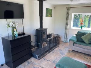 a living room with a stove and a couch at Blackthorn Meadow in Pontypool