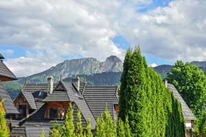 a house with trees and a mountain in the background at Apartamenty Widokowe Pod Lasem in Kościelisko +66 photos