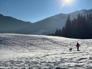 a person and a dog walking in the snow at Haus Casimir in Reith im Alpbachtal