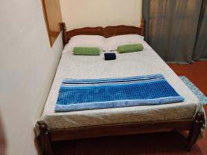 a bed with two green and blue pillows on it at La negrita in Villa Elisa