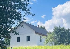 a white house with a roof on a field at У Катерини in Dvozhets