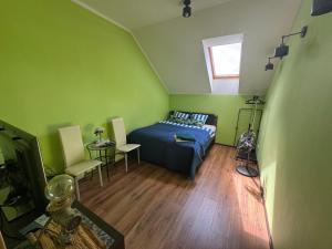 a bedroom with green walls and a bed and a television at Guesthouse Sauna Jacuzzi Free parking in Dobrzewino