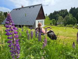 a woman in a field with purple flowers in front of a barn at Apartmány Severák Smrk in Janov nad Nisou