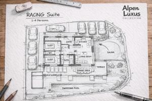 a drawing of a floor plan of a house at RACING Suite - Terrace & Sauna Access in Kleinboden
