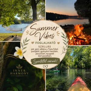 a collage of photos with a fire and a sign at Inner Harmony Garden in Kanjiža