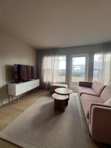 a living room with a couch and a tv at Mistar Home in Gardur
