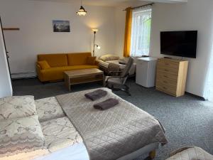 a living room with a bed and a couch at Centrum Noclegi in Krynica Zdrój