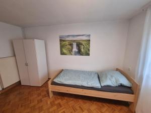 ein Schlafzimmer mit einem Bett und einem Gemälde an der Wand in der Unterkunft D3 Haus in Feuchtwangen