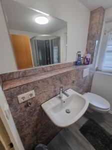 ein Badezimmer mit Waschbecken, Toilette und Spiegel in der Unterkunft D3 Haus in Feuchtwangen