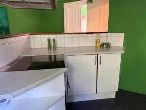 a kitchen with white cabinets and a green wall at Greenbrook Homes - Family 7PPL in Aalborg +19 photos