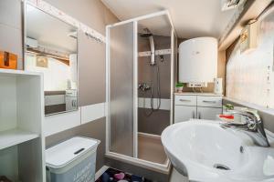 a bathroom with a shower and a sink at Urška's Premium House Terme Čatež in Brežice