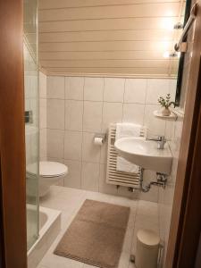 a bathroom with a sink and a toilet at Hotel zur Linde in Berghausen