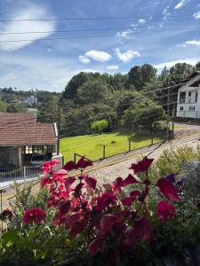 a view of a train station with pink flowers at Hospedaria Gãstehaus Enzian in Treze Tílias