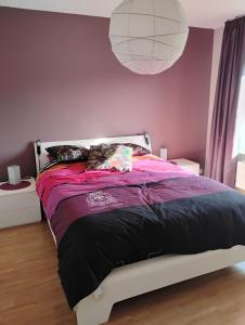 a bedroom with a bed with a purple wall at Maison Belle Vue Ronse in Ronse