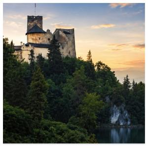 a castle on top of a hill with a body of water at Aura Home in Grywałd