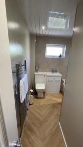 a bathroom with a toilet and a sink and a window at Donrae in Portree +20 photos