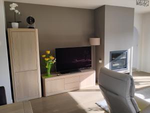 a living room with a television and a chair at Maison Belle Vue Ronse in Ronse