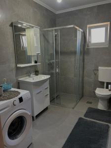 a bathroom with a shower and a washing machine at Apartman Šarenac in Bileća +17 photos