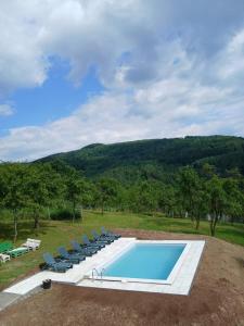 a swimming pool with lounge chairs in a field at Casa Dracea in Comarnic