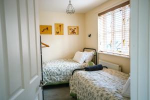 a bedroom with two beds and a window at 2 Crown Barton in Glastonbury