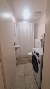 a bathroom with a washing machine and a sink at Basel city in Basel