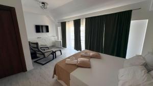 a living room with a couch and a chair in a room at Hotel Sucidava in Corabia