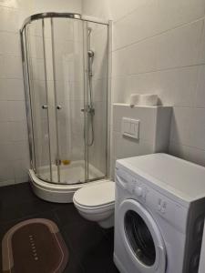 a bathroom with a shower and a washing machine at M&M Apartman 2 in Rafailovici +16 photos