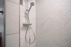 a shower with a blow dryer in a bathroom at Fewo Gustav Melkert Str. 5A in Röbel +11 photos