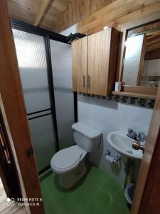 a bathroom with a toilet and a sink at La Cabaña de Chia in Guarne