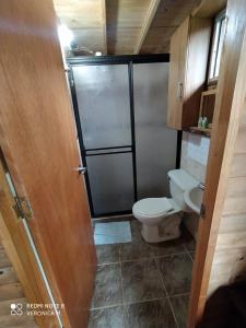 a bathroom with a toilet and a glass shower door at La Cabaña de Chia in Guarne
