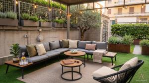 a patio with a couch and two tables and chairs at Acca Palace - AA Hotels in Milan