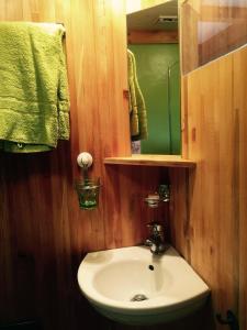 ein Badezimmer mit Waschbecken und Spiegel in der Unterkunft Tiny farm studio in Maggia
