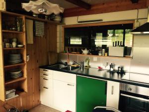 eine Küche mit einer grün-weißen Arbeitsplatte in der Unterkunft Tiny farm studio in Maggia
