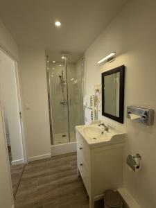 a bathroom with a sink and a shower at Hôtel The Originals Miramar, Royan Pontaillac in Royan