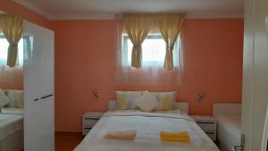 a bedroom with orange walls and a bed with two windows at Nagy Ildikó Vendégház in Lăzarea