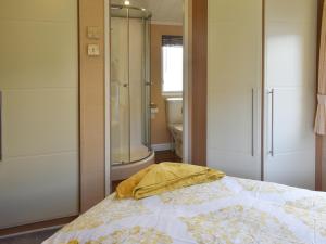 a bedroom with a bed and a bathroom with a shower at Sunset Lodge in Llanddulas