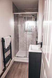 a bathroom with a shower with a sink and a toilet at STAYtastic in Lowestoft