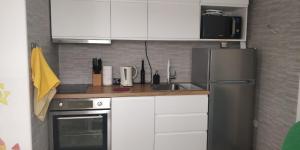 a kitchen with white cabinets and a stainless steel refrigerator at Apartment Riva Lastovo in Ubli